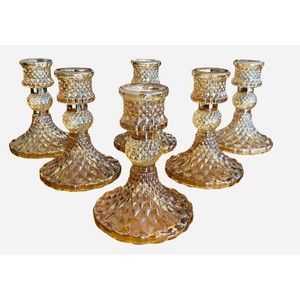 Amber Color Glass Candle Stick Holders 4" Set Of 6 Holders  *NEW IN BOX*